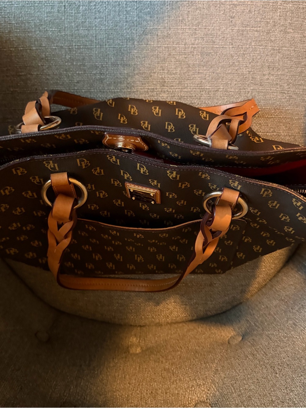 Dooney & Bourke Brown Monogram Tote with Tan Braided Handles - Picture 7 of 9